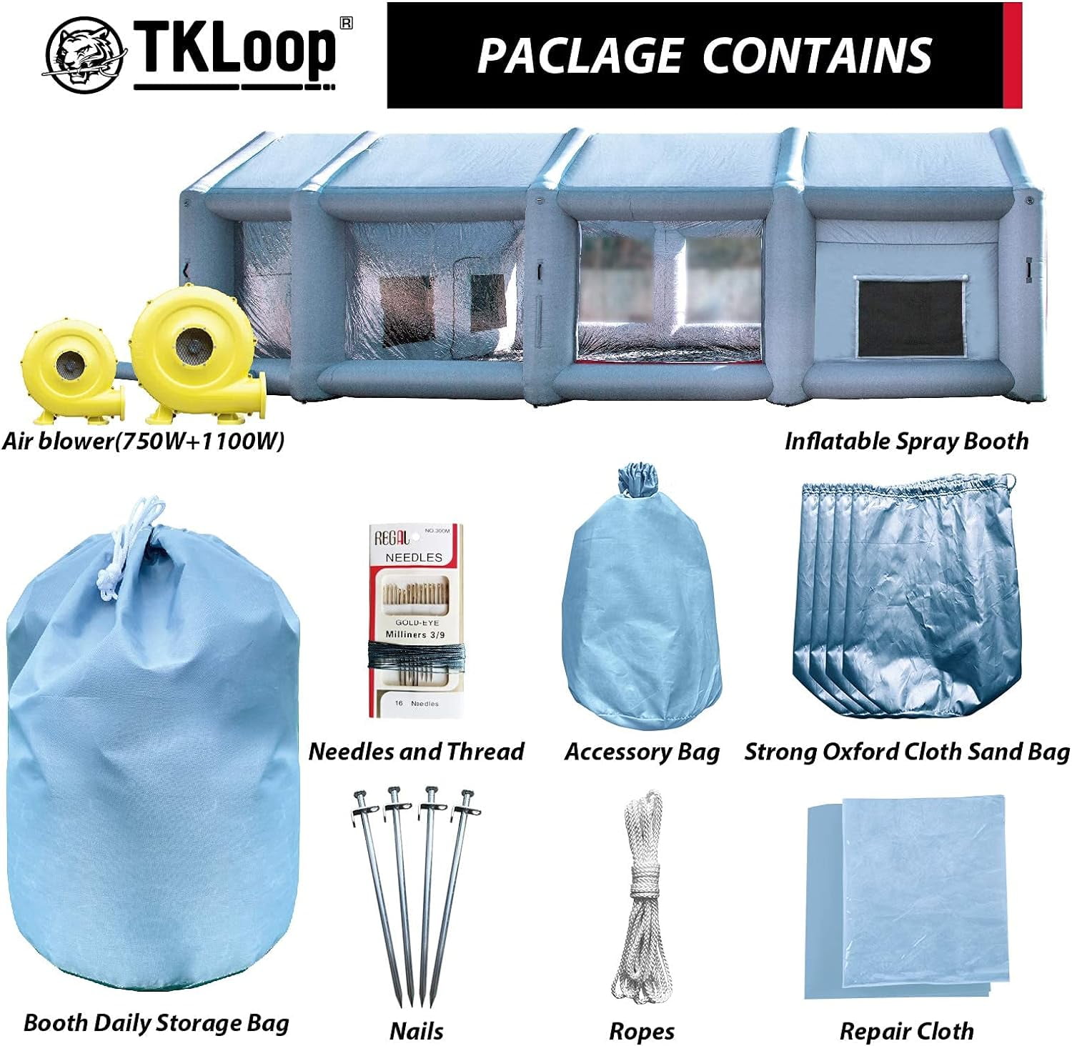 TKLoop Portable Inflatable Paint Booth 26X15X10Ft with Blowers(750W+950W), Inflatable Spray Paint Booth Tent with Tool Room