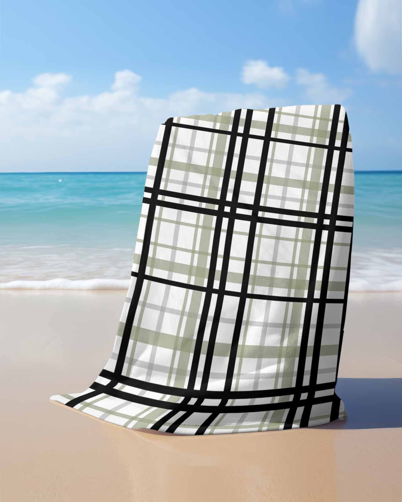 Sage Green Black Plaid Beach Towels Oversized Super Absorbent, Farmhouse Green Black Checkered Lightweight Bath Towel Quick Dry Sets For Bathroom/Pool/Rv Camping/Beach Play/Gym Room/Picnic 23"x47"