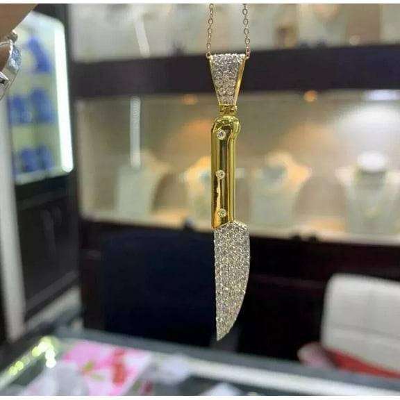 2Ct Real Moissanite Men's Knife Pendant 14K Yellow Gold Plated 925 Silver