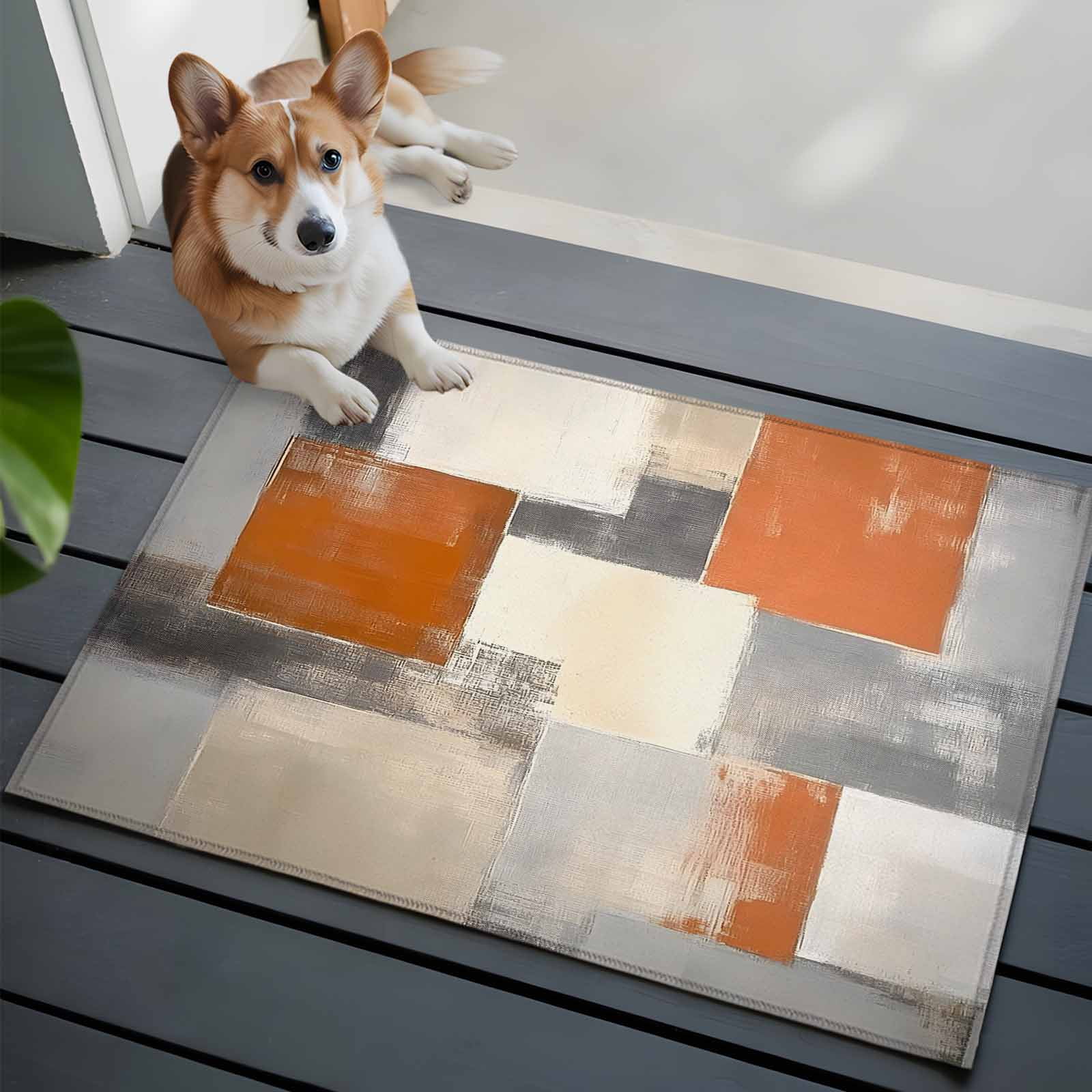Burnt Orange Grey Area Rugs 2x3 for Living Room, Oil Painting Modern Abstract Art Non Slip Washable Rug Runner, Low Pile Indoor Floor Carpet Mat Bathroom Rugs for Bedroom, Kids Room