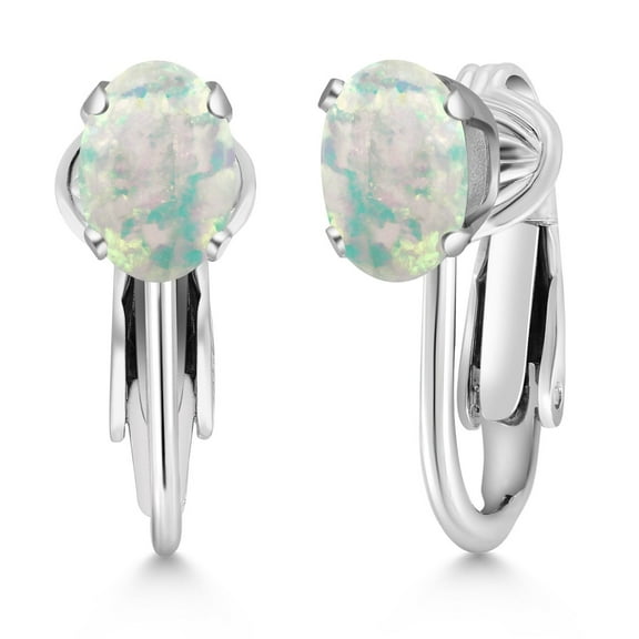 Gem Stone King 925 Sterling Silver White Simulated Opal Clip-On Earrings for Women (1.26 Ct Oval Cabochon 7X5MM)