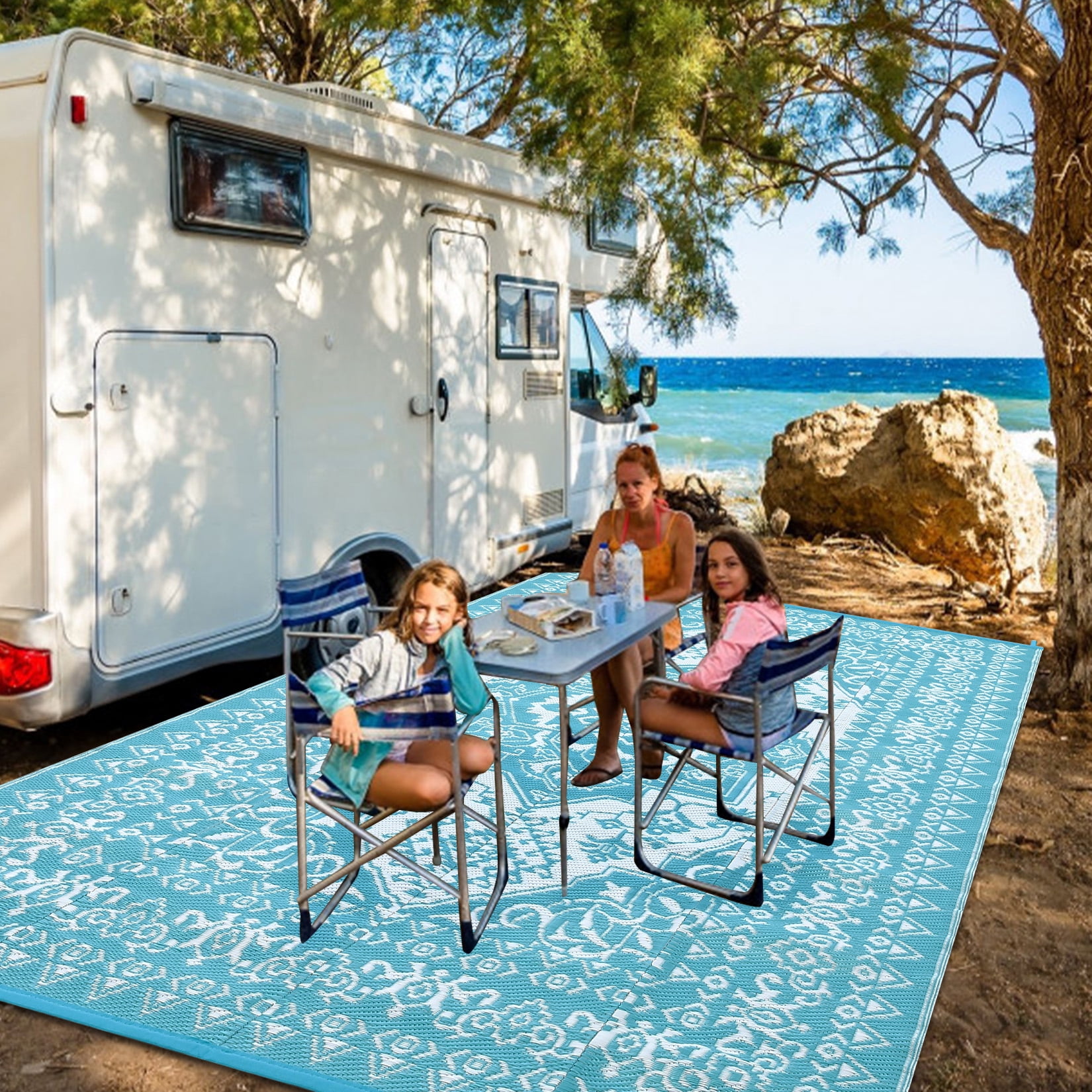 ZACOO Outdoor Reversible Mats Geometric Plastic Straw Rug Waterproof 9x12 Feet Reversible Patio Rug Outdoor Camping Rug for Beach, Blue/White