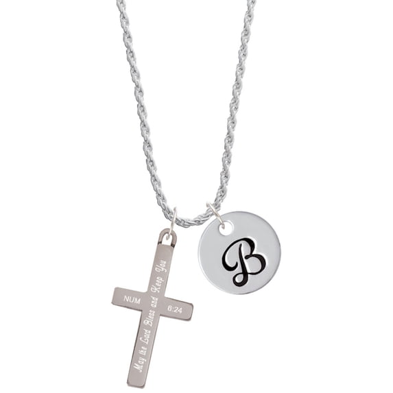 Delight Jewelry Stainless Steel Numbers 6:24 - Bless and Keep You Engraved Cross - Silvertone Script Initial Disc - B - Charm Necklace, 20"+3"