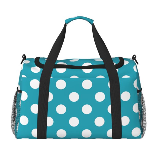 Fotbe Sky Blue And White Polka Dot Bolsa de Viaje con Estampado, Bolsa de Fin de Semana para Mujer con Compartimento para Zapatos, Bolsa de Gimnasio con Bolsillo Húmedo