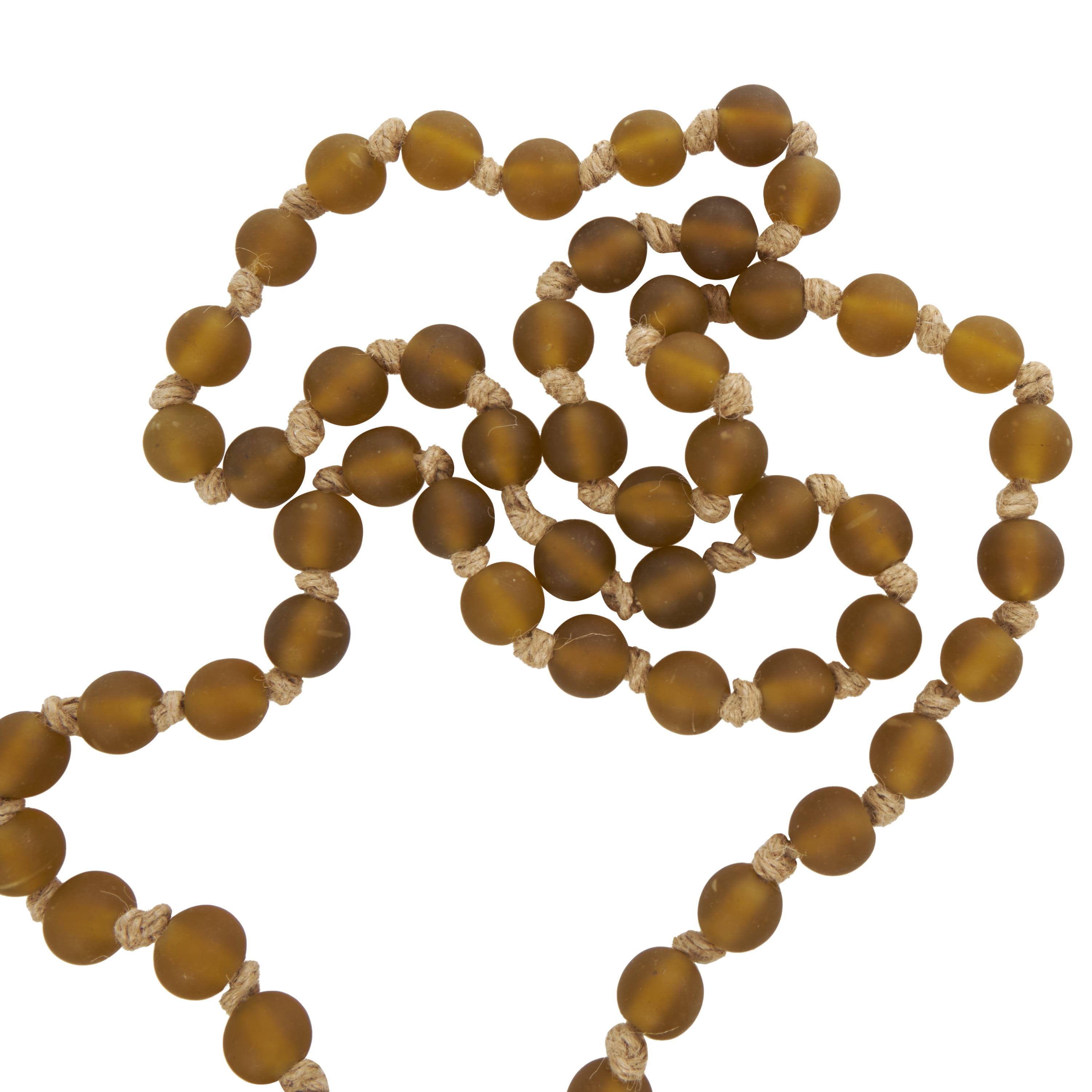 DecMode Handmade Round Long Frosted Beaded Yellow Glass Garland with Tassel with Knotted Brown Jute