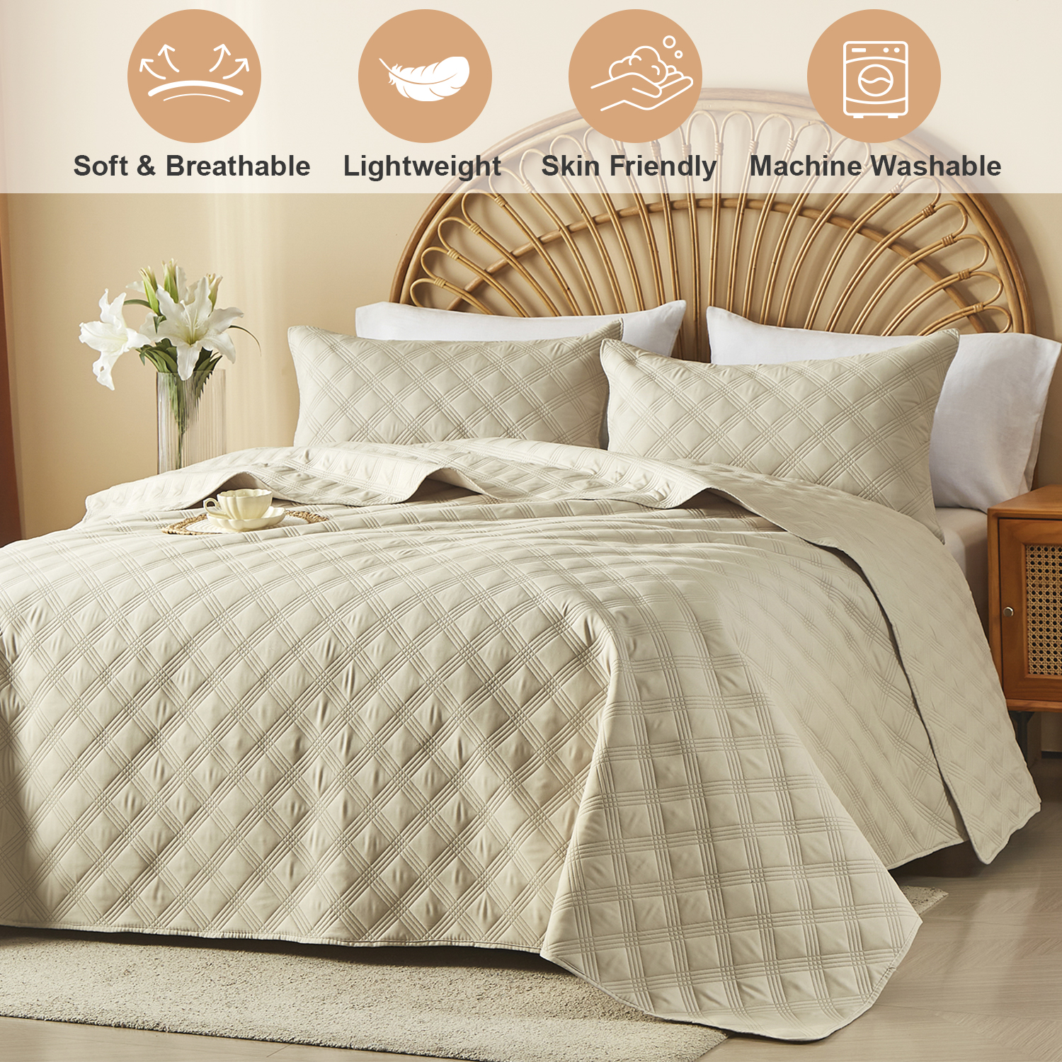 Davulos Quilts Queen Size，Soft Queen Quilt Bedding Set Lightweight Comforter with 2 Pillow Shams Complexion Summer Bedspread Coverlet for Modern Bedroom Decor, 90x96 Inch