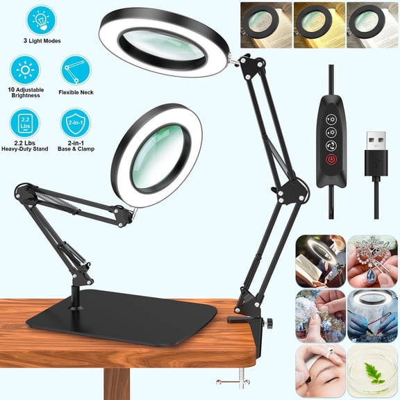 BEBANG Magnifying Glass with Light and Stand, 2-in-1, 3 Color Modes, 4.2″ Real Glass Lens LED Magnifying Lamp