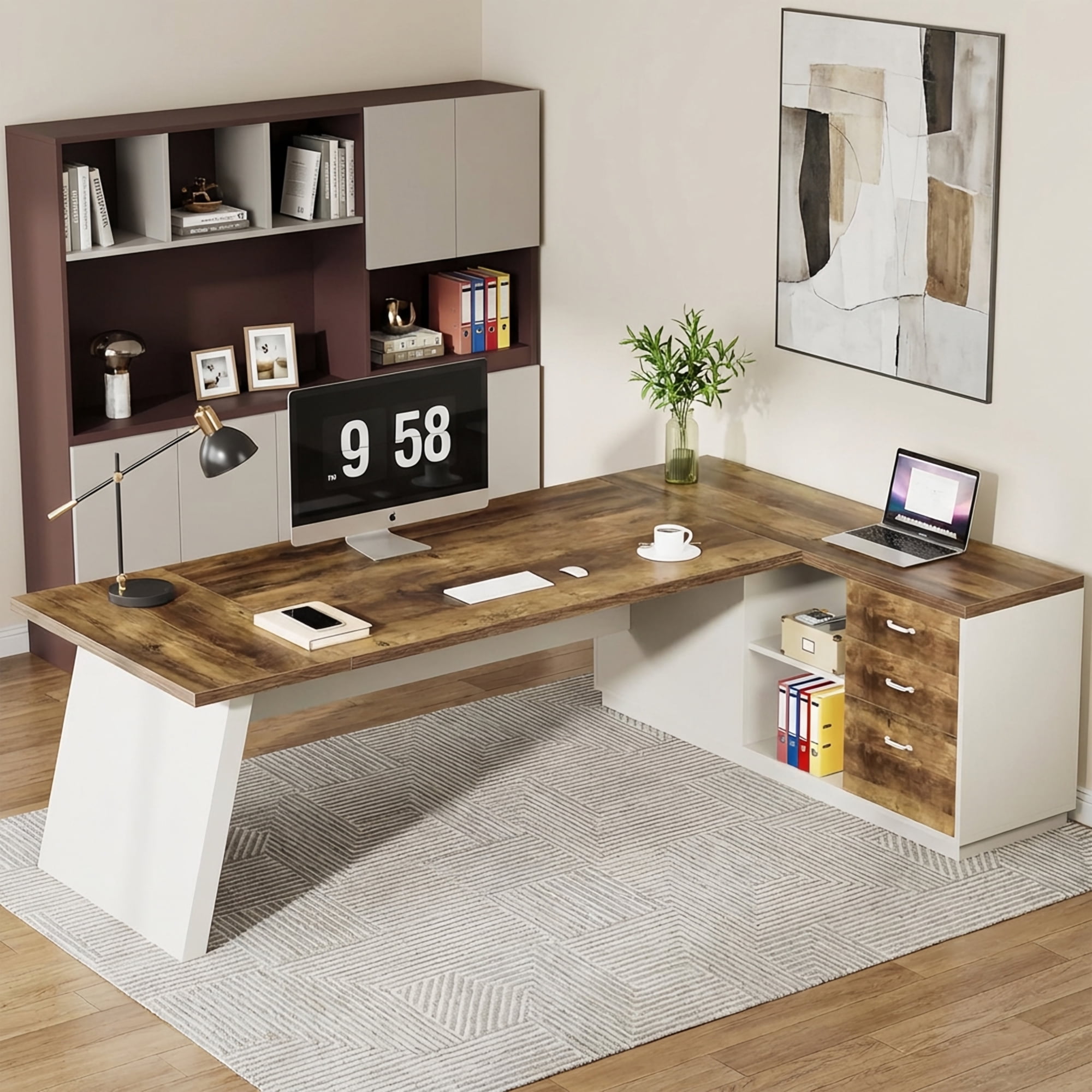 Modern L-Shaped Executive Desk 78-Inch Large Office Desk with Lateral File Cabinet and Storage Shelves Home Office Workstation Walnut Black