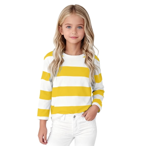 TIREOW Girls Long Sleeve Striped T-Shirt, Classic Cotton Blend Crewneck Tee for Kids, Soft Everyday Basic Top