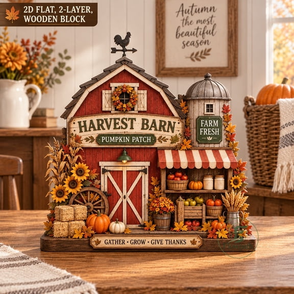 Wooden Block Harvest Barn Pumpkin Patch Tabletop Display for Fall Thanksgiving