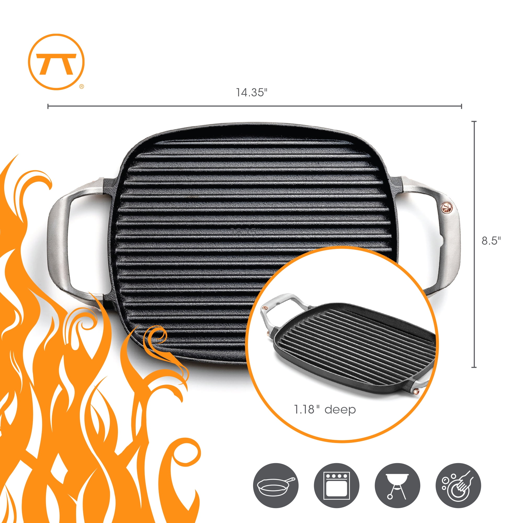 Outset Cast Iron Grill Pan With Ridges, 8.5” x 14.25” x 1.5” Pan for BBQ and Stovetop
