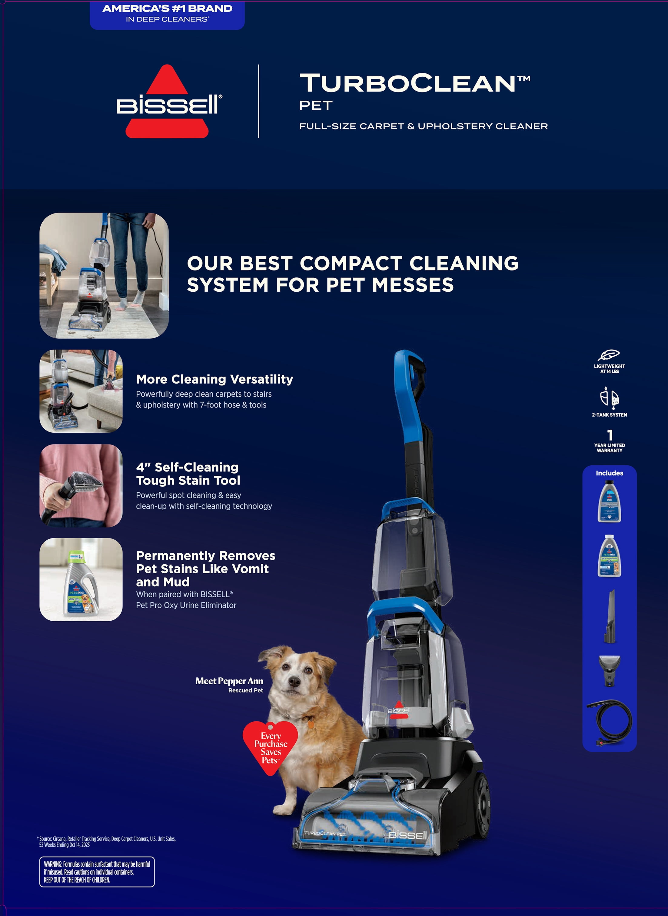 BISSELL TurboClean Pet, Upright Carpet & Upholstery Cleaner, Versatile, Compact & Lightweight, 3946