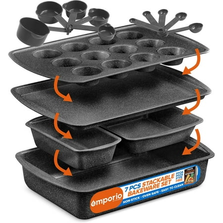 Stackable Baking Pan Set - Deluxe Nonstick White Marble Coating, Carbon Steel Bakeware Set, Recipe Booklet Included, Oven Safe (Up to 450° F), Set of 7 - Gray Marble
