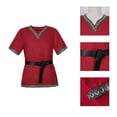 thumbnail image 7 of Halloween Renaissance Top, V Neck Medieval Viking Short Sleeve Tunic, Printed Trim Warrior Peasant Cosplay Top With Belt, Multi Earth Tone Larp Halloween Costume Shirt, Red XL, 7 of 7