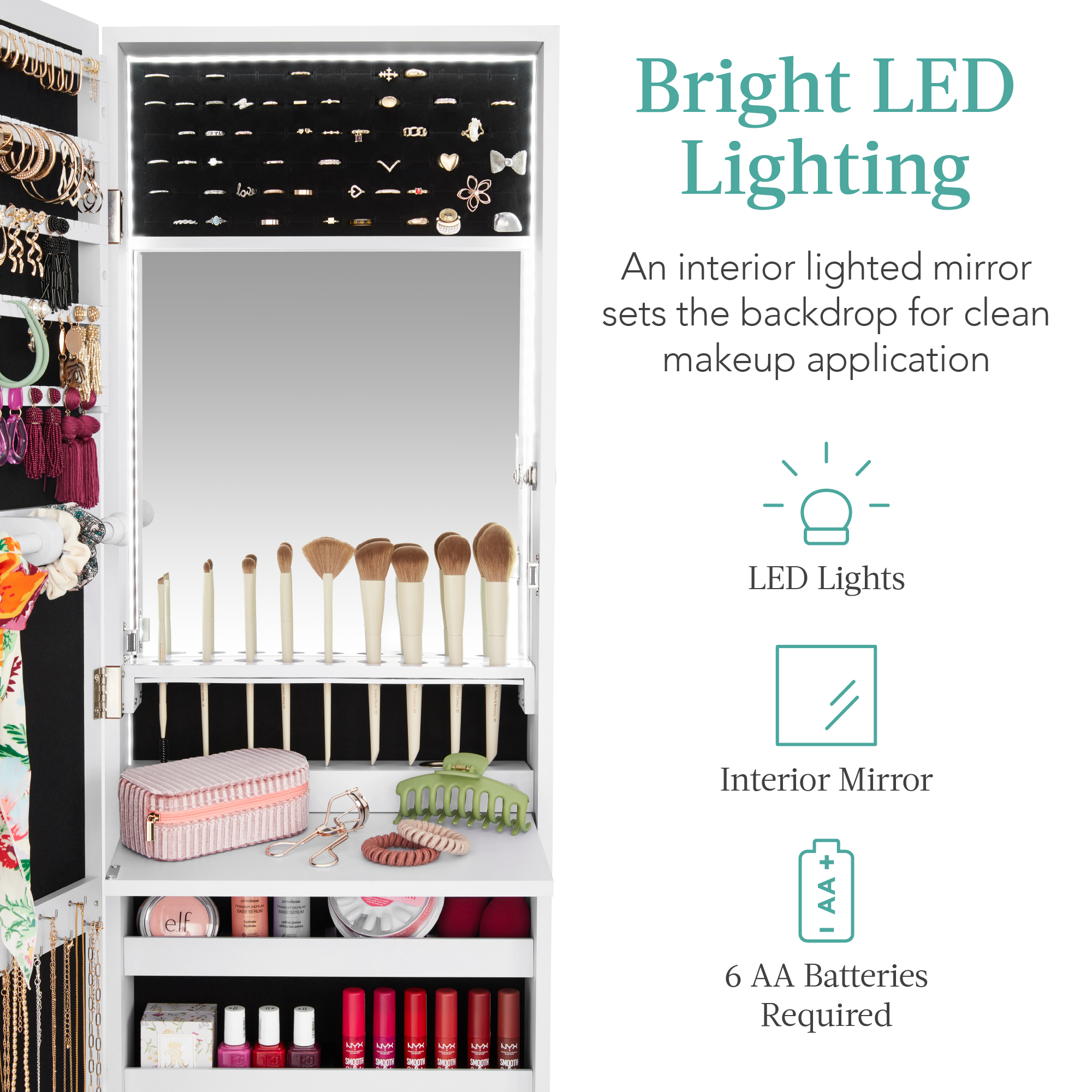 Best Choice Products LED Jewelry Armoire with Mirror, White photo 3