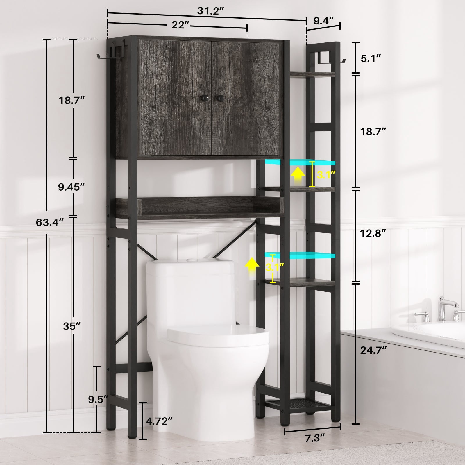 Over The Toilet Storage Cabinet with Doors, Homieasy 7 Tier Bathroom Organizer with Adjustable Shelf and 4 Hooks, Space Saving Rack for Bathroom, Restroom, Laundry