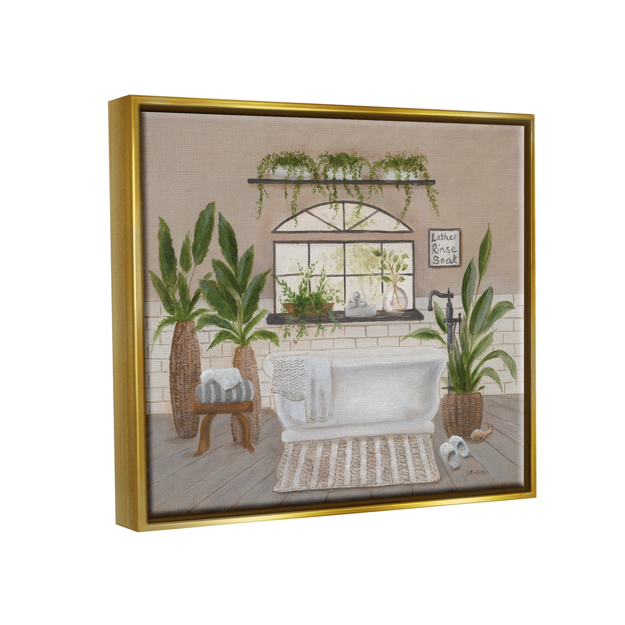 Stupell Lather Rinse Soak Bathroom Greenery Typography Painting Gold Floater Framed Art Print Wall Art
