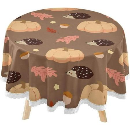 SKYSONIC Fall Leaves Hedgehog Round Tablecloth 60inch Indoor Wrinkle Free, Halloween Pumpkin Circular Lace Table Cover Washable for Kitchen Party BBQ Dining Decor