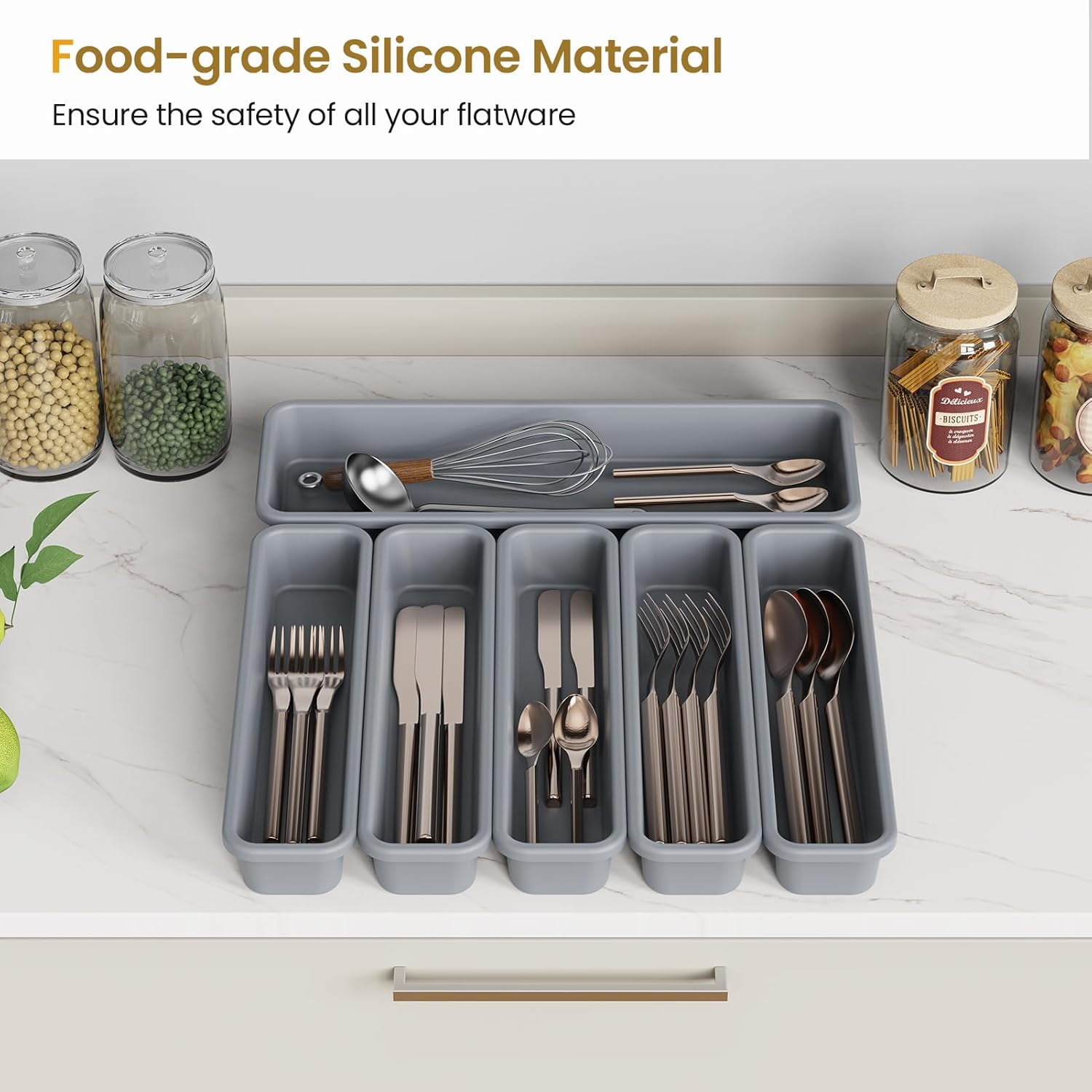 6 Pack Silicone Drawer Organizer for Kitchen, DIY Free Combination Silverware Organizer, Utensil Moisture-proof and Heat-resistant up to 200°C, Anti-slip Design (Grey)