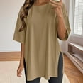 thumbnail image 2 of GigrtiJin Women's Loose Dressy Tops Crew Neck Short Sleeve Extra Long Hem Solid Color Blouse Trendy Tunic Shirt, 2 of 7