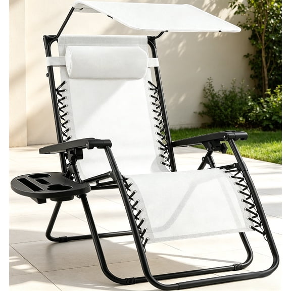 Folding Zero Gravity Outdoor Recliner Patio Lounge Chair w/Adjustable Canopy Shade, Headrest, Side Accessory Tray, Textilene Mesh - Snow/Black