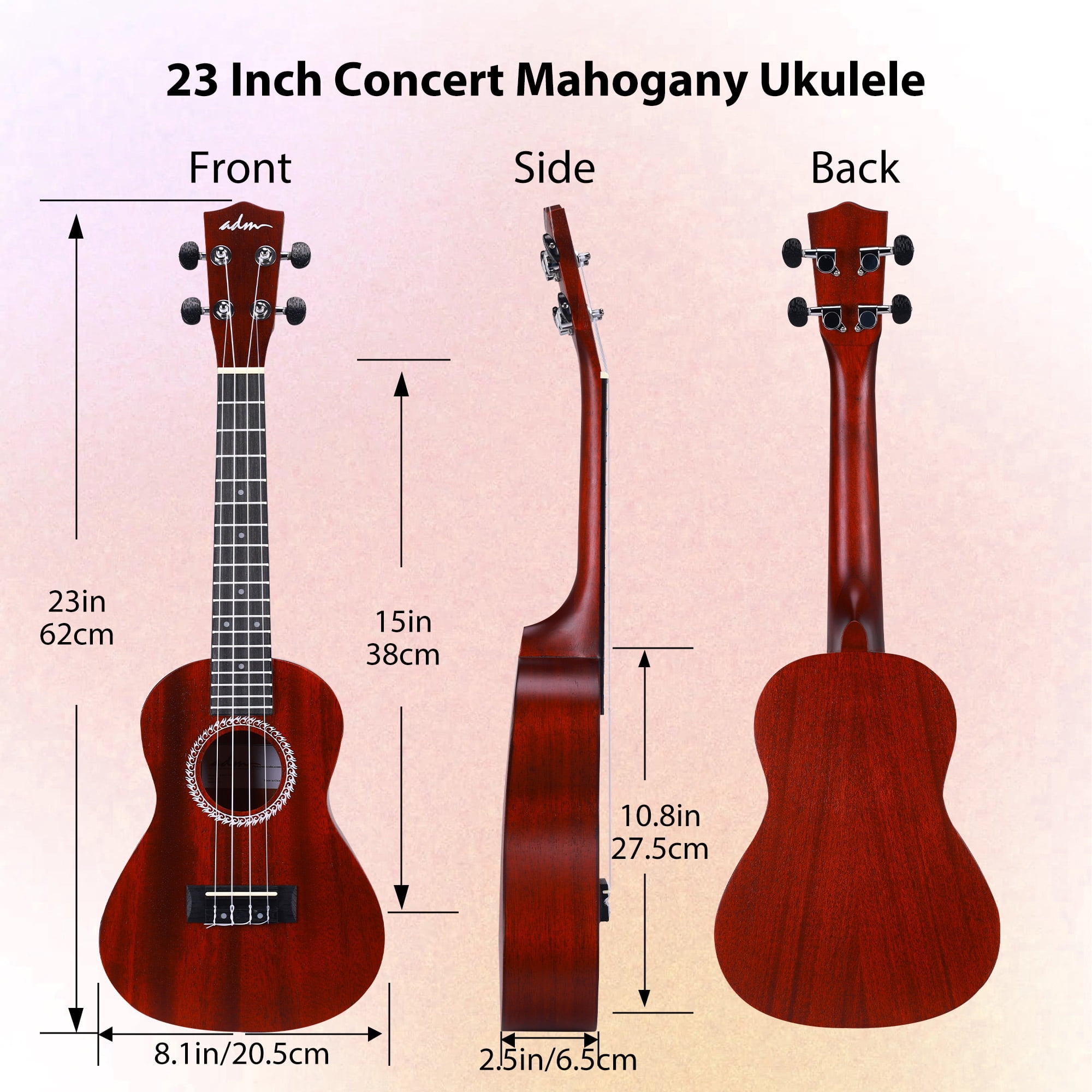 ADM Concert Ukulele 23'' Mahogany Hawaiian Ukulele Kit for Beginner Kid Adult with Free Lessons, Red
