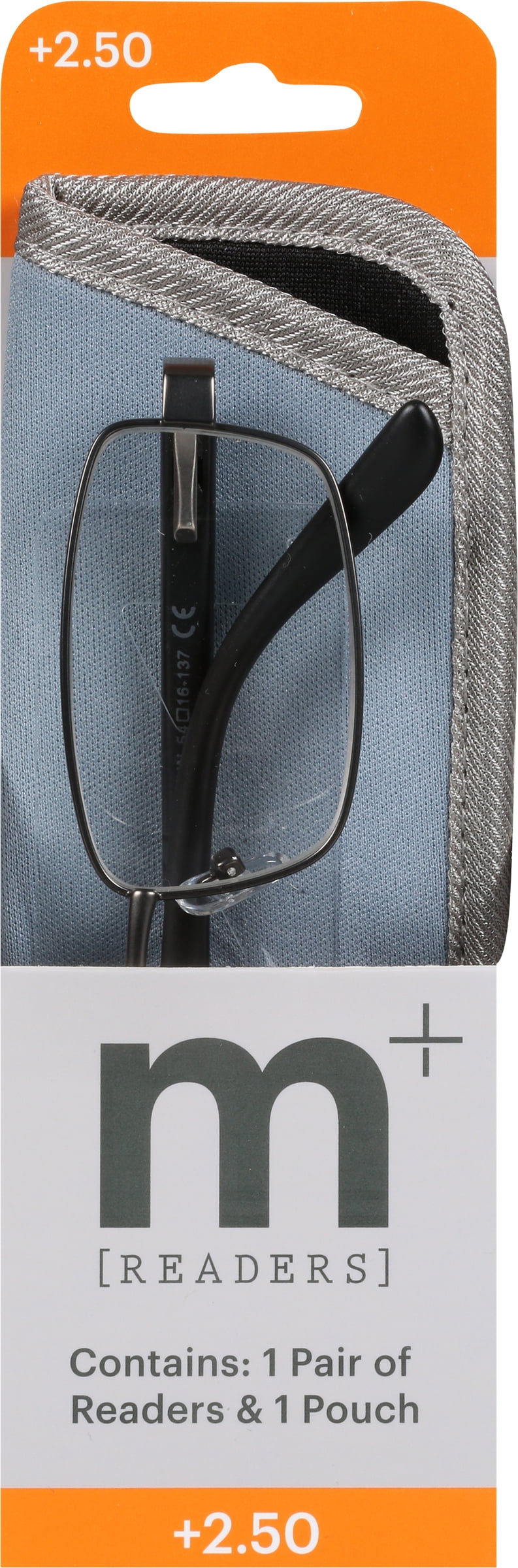 M+ Mens Rectangular Metal Reading Glasses Dgun 2.50 Reed in Gunmetal with Matte Black Temples