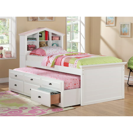 White Kids Girls Bookcase Twin Bed Storage Trundle Drawers