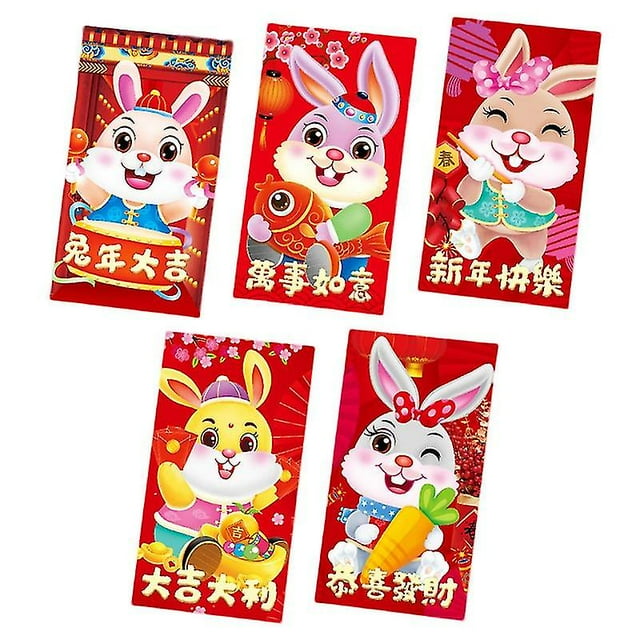 Sobres rojos con diseño de conejo de dibujos animados, papel recubierto estampado, sobres rojos con estampado de conejito para Año Nuevo, 5 uds.