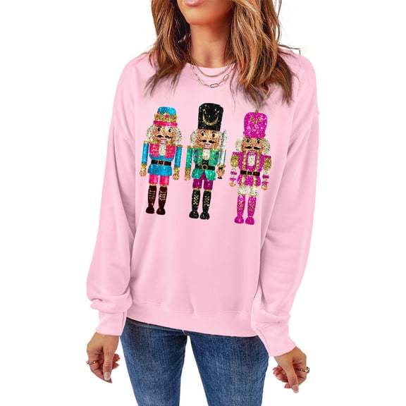 Women's Pink Nutcracker Printed Drop Shoulder Christmas Sweatshirt, (US 20-22)2XL