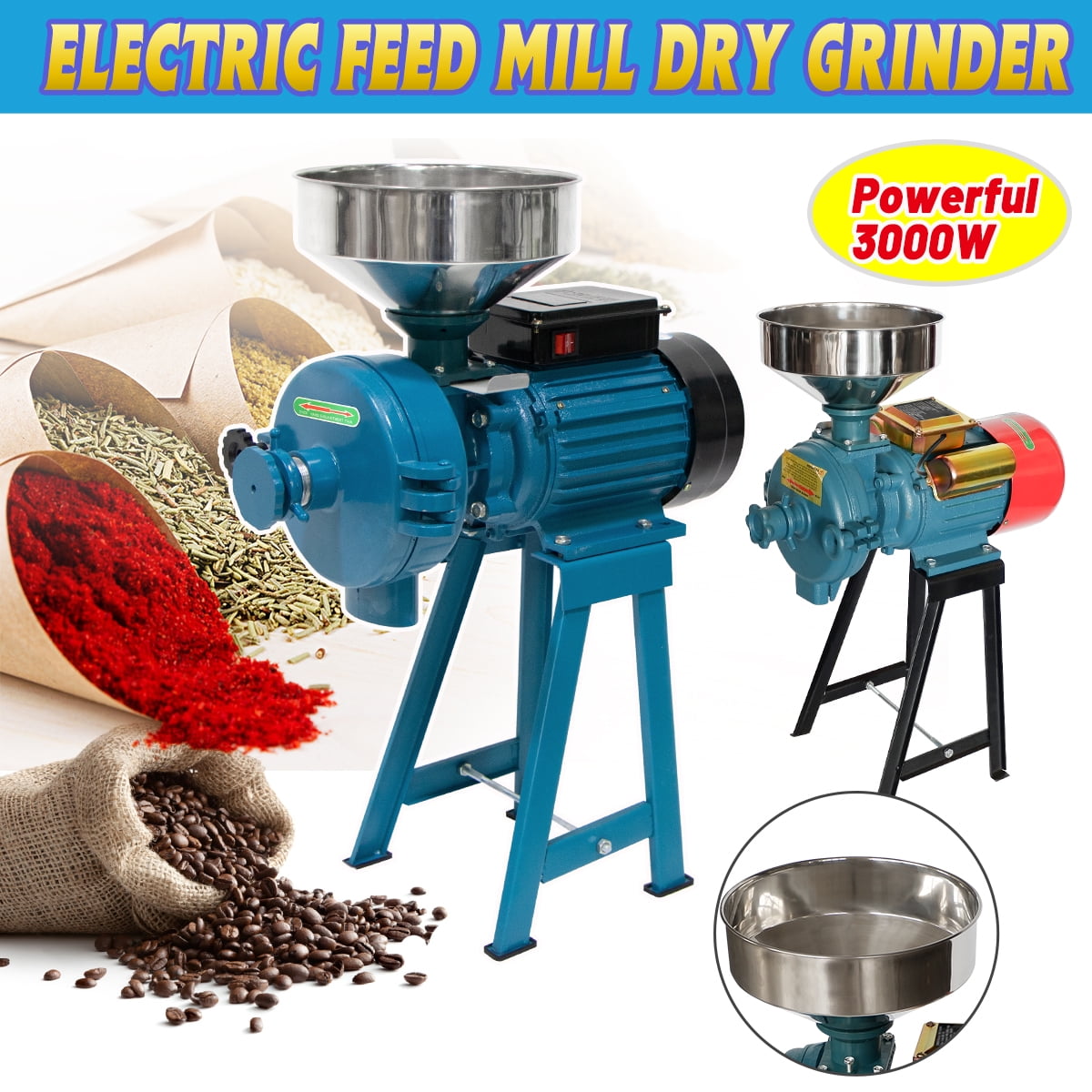 Slsy 3000W Electric Grain Mill, 110V Corn Grinder Mill Grinder Heavy