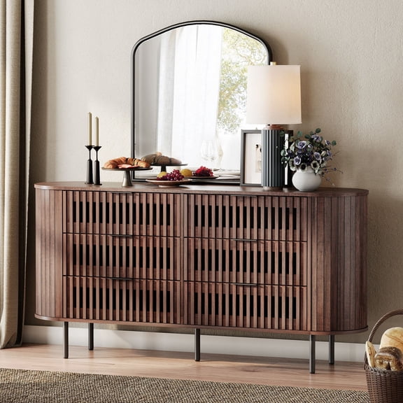 FITUEYES Fluted 6-Drawer Dresser, Wooden Storage Chest for Bedroom, Living Room & Entryway, Walnut