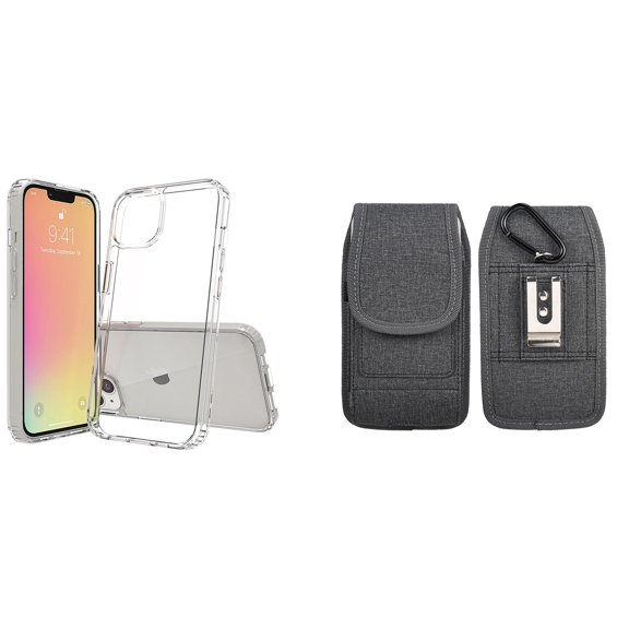 Bemz Case and Pouch Bundle for iPhone 14 Pro Max: Fusion Protector Slim Case (Transparent Clear) and Vertical Nylon Fabric Belt Holster (Grey)
