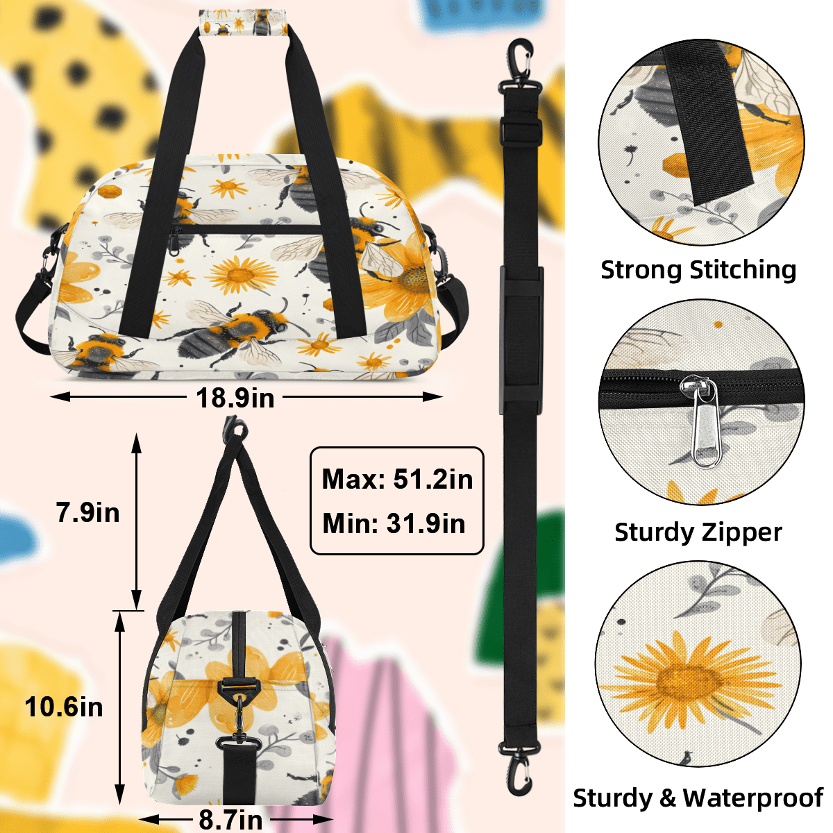 Herdesigns Bee Sports Duffle Bag for Women & Men, Honeybee Flowers Floral Gym Bag Dance Bag Overnight Bag Carry On Weekender Travel Bag