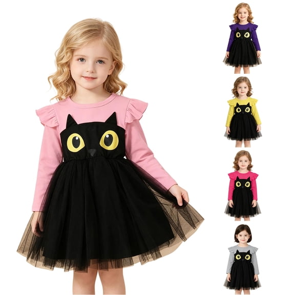 Zylarhe Girls Halloween Toddler Kids Cosplay Long Sleeve Cartoon Prints Mesh Dress Outfit Pink 2-3 Years