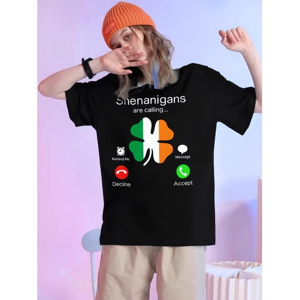St. Patrick's Day Fun: 'Shenanigans Are Calling' Irish Clover Graphic Tee - Casual Polyester Blend, Machine Washable, Short Sleeve Round Neck Top for Women