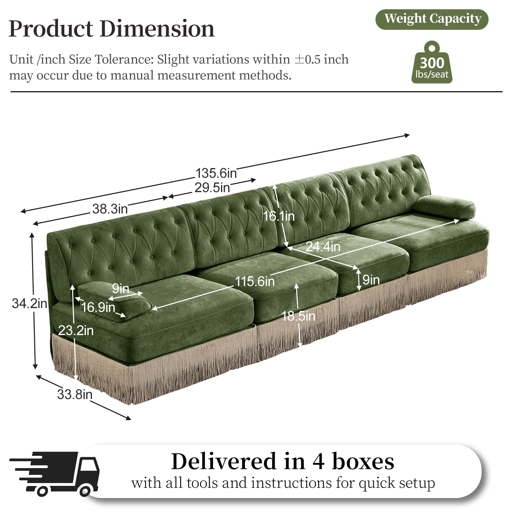 2‑Piece Sectional Sofa Set, 1 Pcs Loveseat & 1 Pcs 135" 4‑Seater Sofa Couch Set with Tassel Skirt
