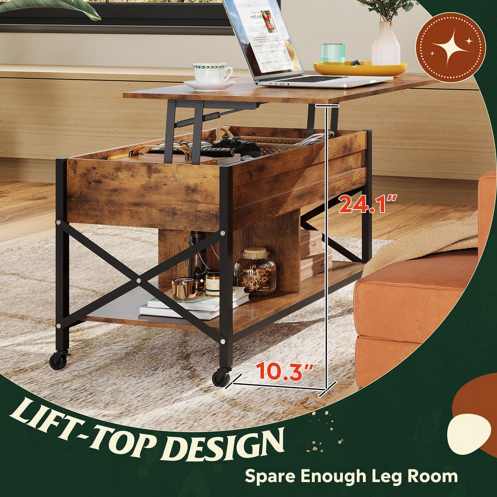 GALAXHERO Coffee Table, 41.3" Lift Top Coffee Table with 4 Wheels, Hidden Compartment, Storage Shelf and Lift Tabletop for Living Room, Reception Room, Rustic Brown