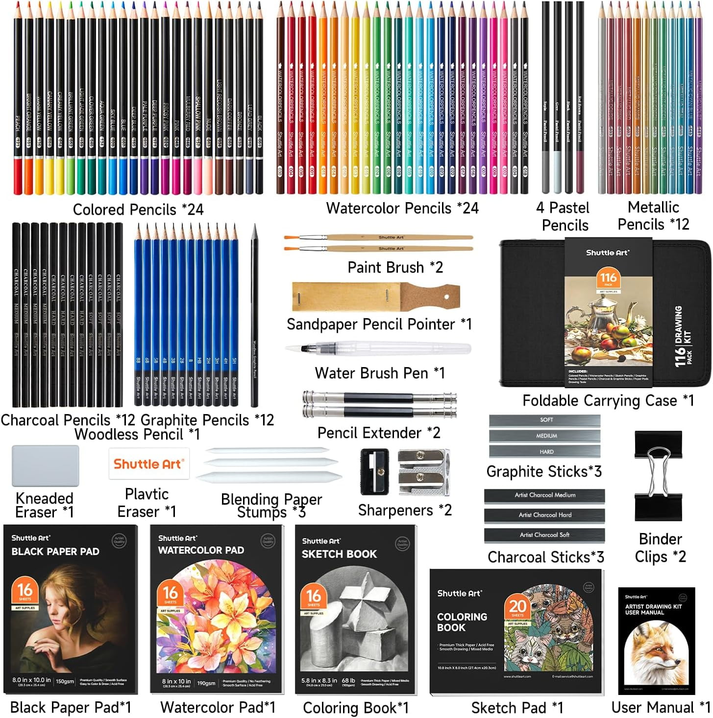 Shuttle Art 116 PCS Drawing Kit, Professional Drawing Supplies with Sketch, Charcoal, Colored, Graphite, Pastel Pencils & Sticks, Complete Drawing Tools and Paper Pads in Zipper Case