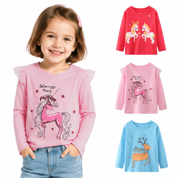 HILEELANG Girls Long Sleeve Graphic T-Shirts, 3-Pack Soft Cotton Crewneck Tees with Reindeer and Unicorn Prints, Blue Red Pink, Sizes 2T-12