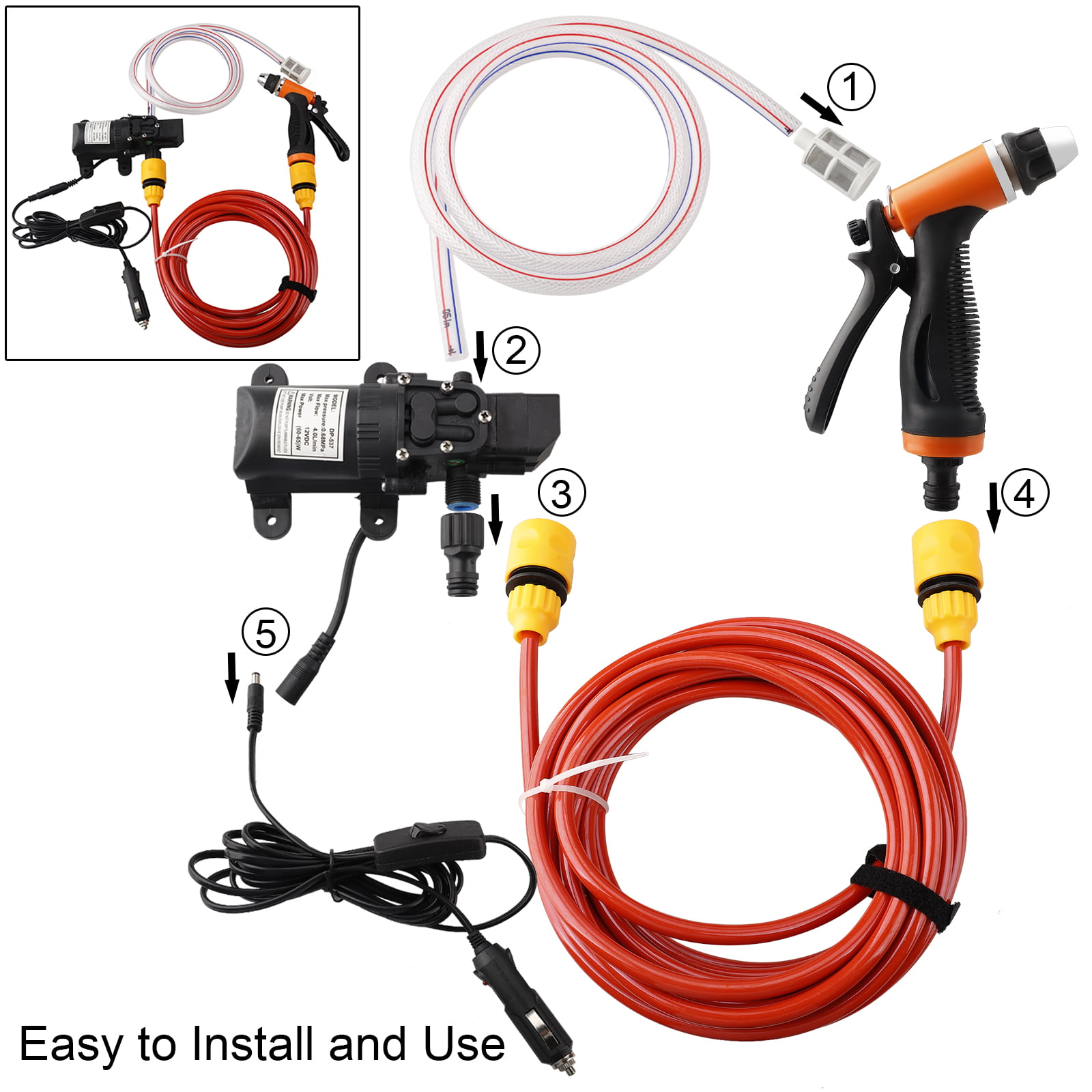80W 12V Car Washer Kit Self-priming High Pressure Portable Wash Washer Set for Auto Motor Marine Pet Window Travel Gardening Camping Cleaning 