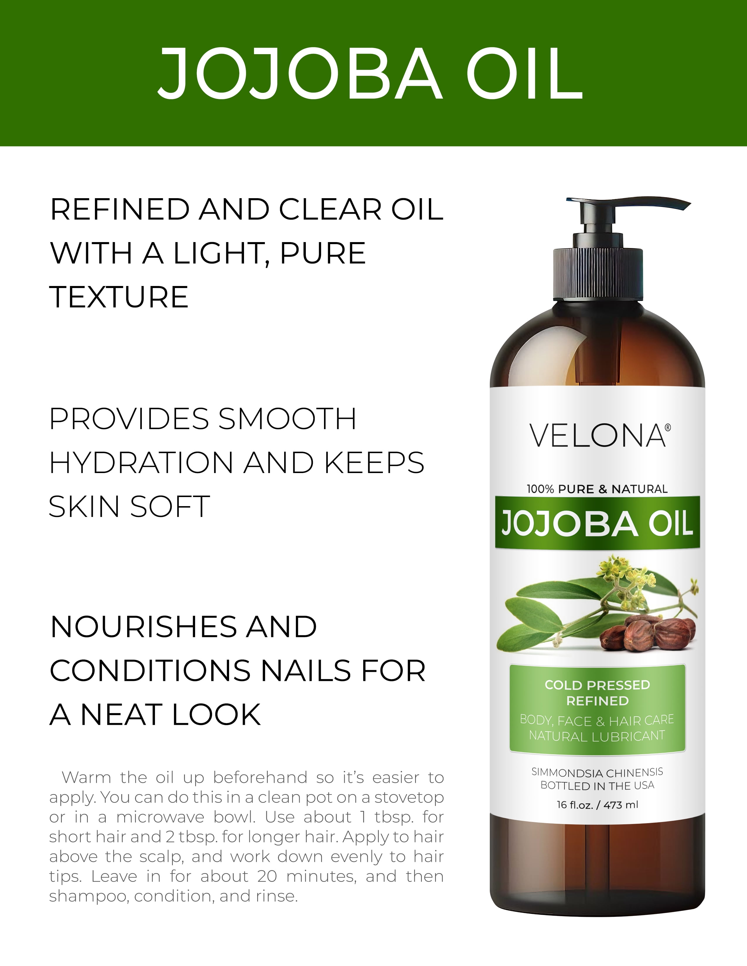Jojoba Oil by Velona - 32 fl oz | 100% Pure and Natural Carrier Oil | Clear, Refined, Cold Pressed | Moisturizing Face, Hair, Body and Skin Care | Use Today - Enjoy Results
