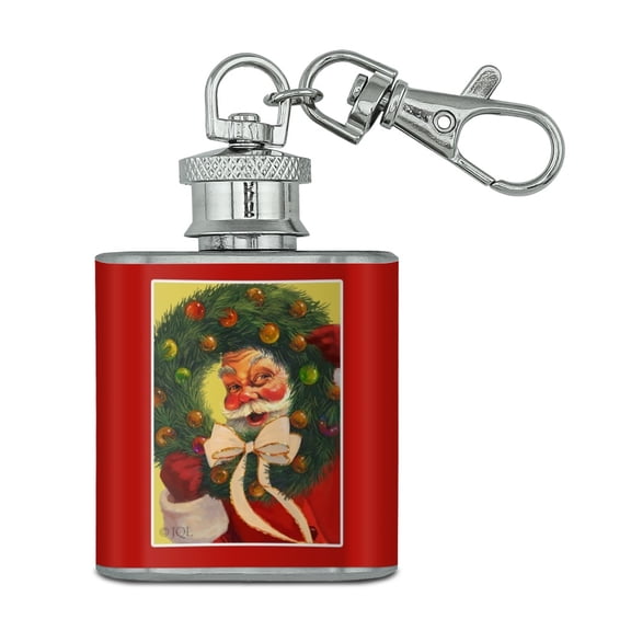 Christmas Holiday Santa Wreath Ribbon Swirl Stainless Steel 1oz Mini Flask Key Chain