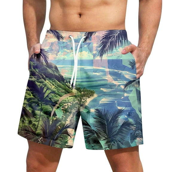 Xyxonk Mens Swim Trunks 9" Inseam Quick Dry Big & Tall Swimming Trunks Summer Hawaiian Tropic Elastic Short Bathing Suit with Pockets Blue L