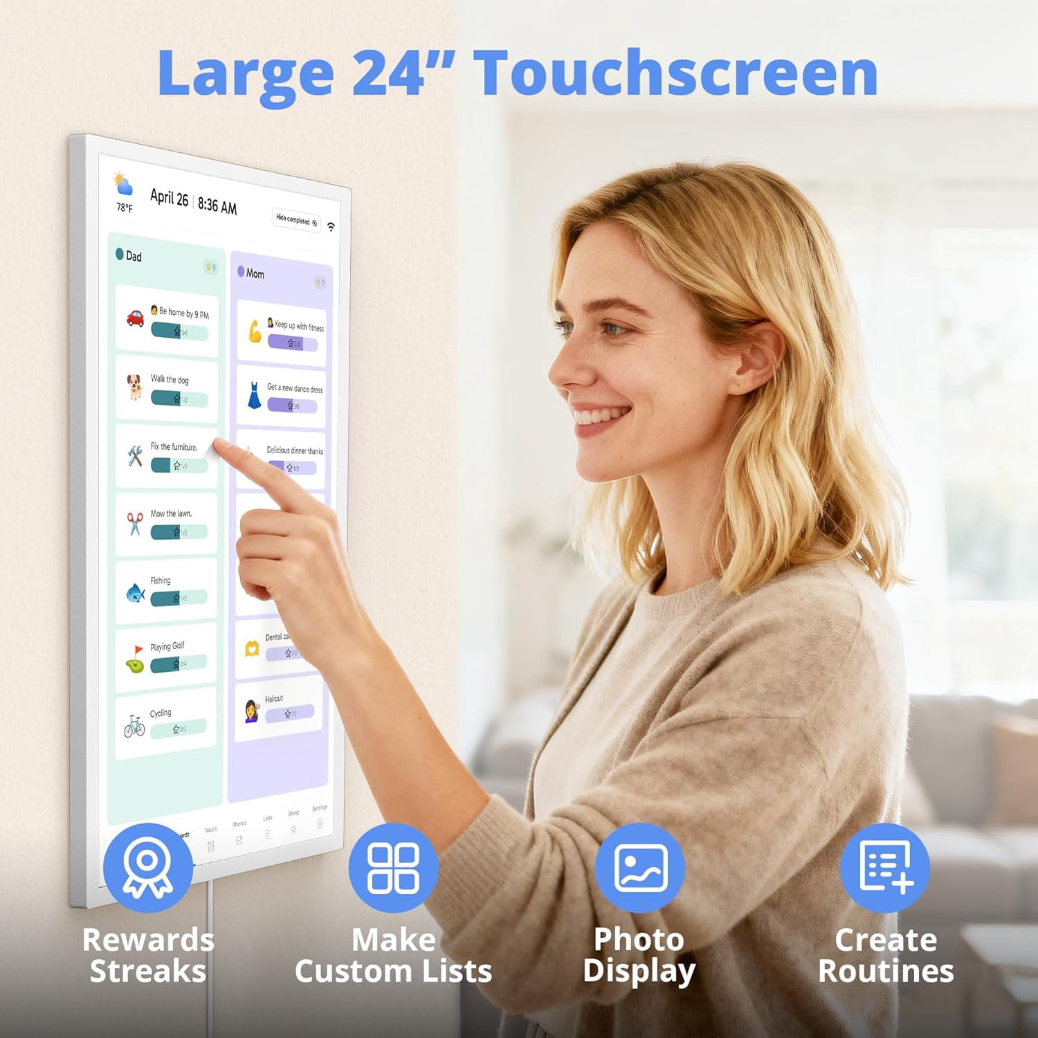 24 Inch Digital Calendar, Electronic Wall Calendar Chore Chart for Family Seamless Planner-White