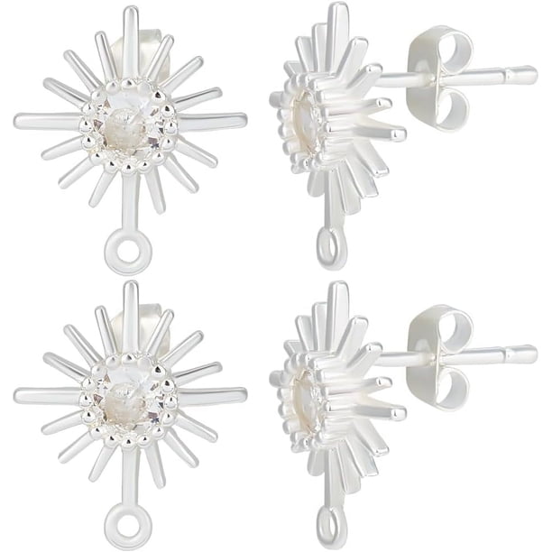 1 caja de 10 pendientes de plata de ley con forma de sol y circonita cúbica, con bucles horizontales y cierres de mariposa.