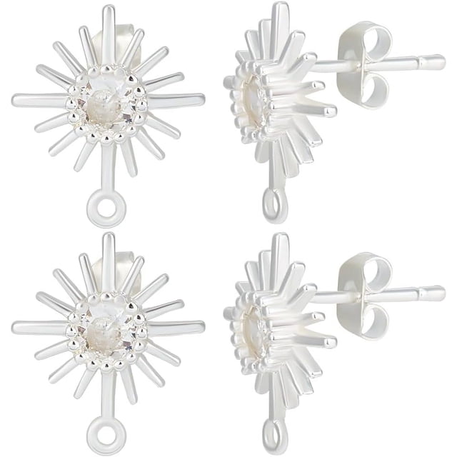 1 caja de 10 pendientes de plata de ley con forma de sol y circonita cúbica, con bucles horizontales y cierres de mariposa.