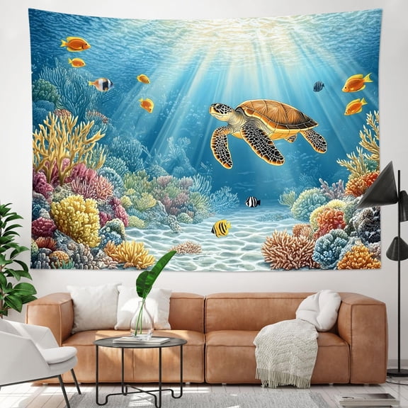Blue Ocean Sea Turtle Tapestry Coastal Under the Sea Tropical Fish Coral Wall Tapestry for Bedroom Underwater World Sea Life Tapestries Wall Art Decor for Living Room Dorm, 40L x 60W Inches