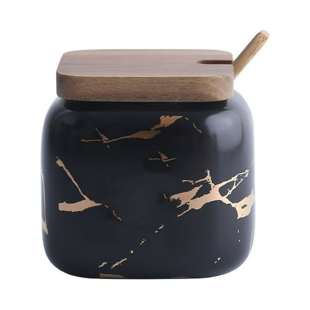 Bearachild Condimento de mármol nórdico, tarro de especias, azúcar, cocina, tapa de madera mate, botellas de condimentos, cuchara de bambú Cocina y Comedor Negro/ sencillo