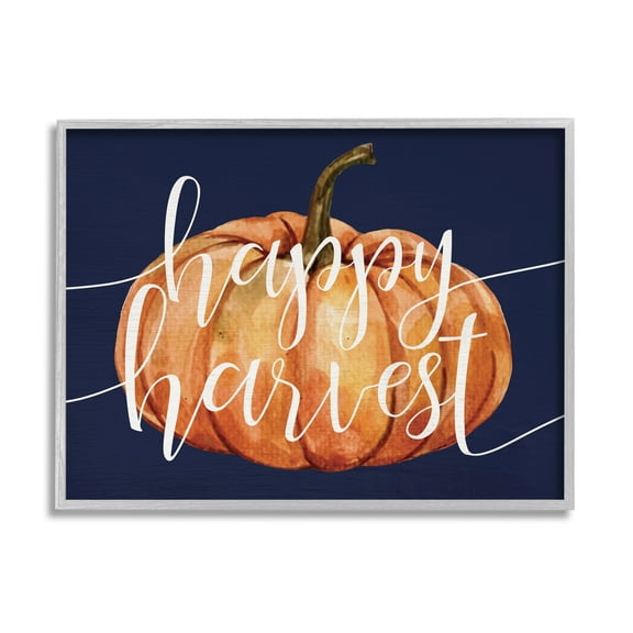 Stupell Industries Happy Harvest Phrase Orange Pumpkin over Blue Graphic Art Gray Framed Art Print Wall Art, 14x11, by Daphne Polselli